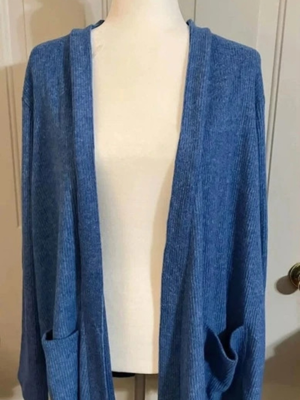 Zenana Outfitters Blue Open-Front Ribbed Cardigan with Pockets